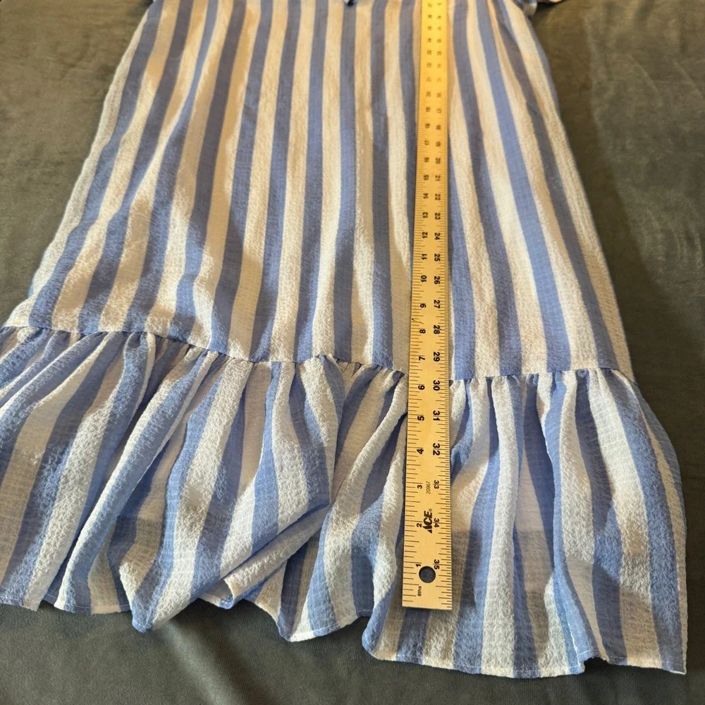 Avec Les Filles Shift Dress Size 10 Blue White Striped Tie Front Ruffle Coastal